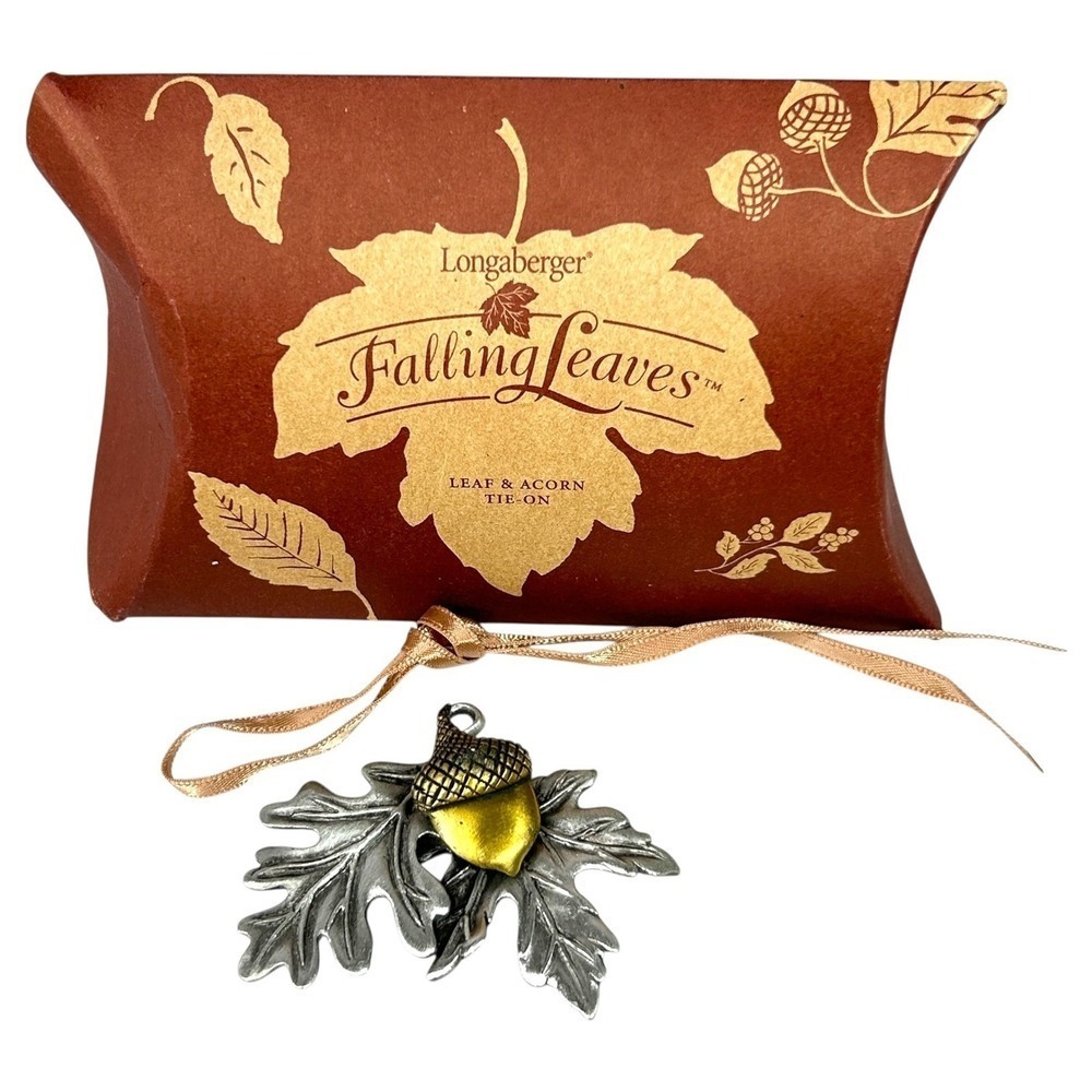 Longaberger FALLING LEAVES Tie On 2 Leaves & Acorn Pewter USA in Box